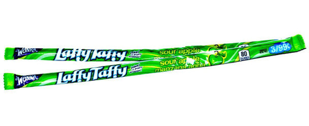 Laffy Taffy Rope Sour Apple. 12 packs of 24 count green, 10-inch twisted candy ropes.