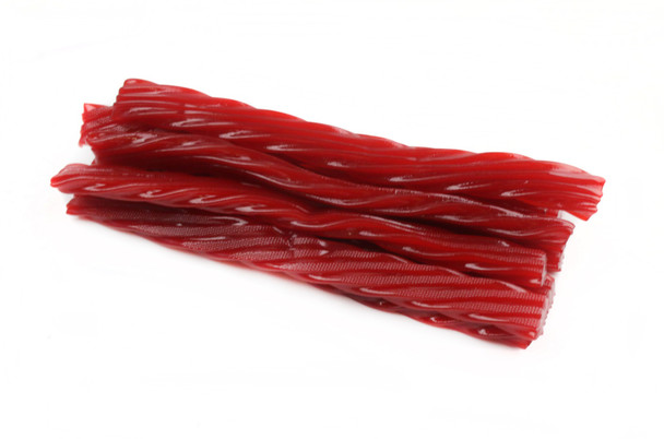 Jumbo red raspberry licorice twists, 8oz bag, 12-pack. Juicy Kenny's candy.