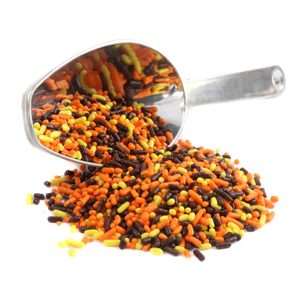Vibrant brown, yellow, orange Autumn sprinkles mix for festive fall treats, cakes, cookies, and pies.