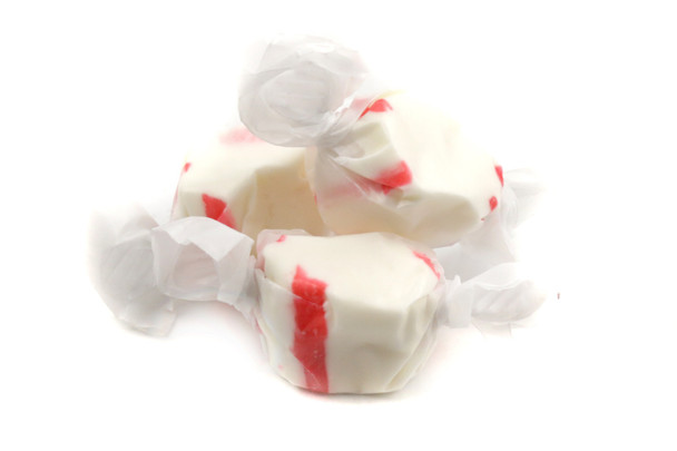 Peppermint Salt Water Taffy, 3lb 9 count. White with red stripes, individually wrapped, gluten-free, USA made.