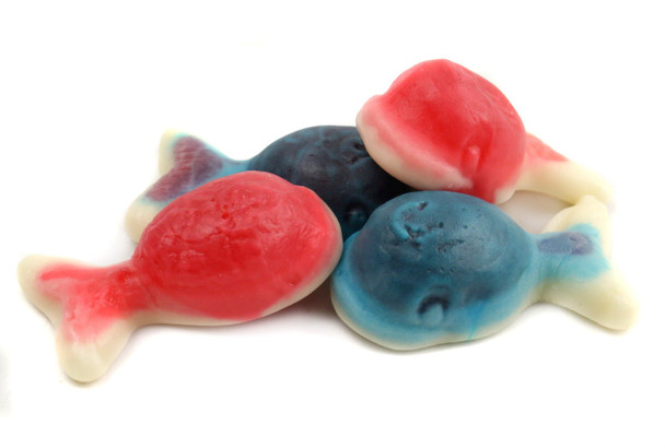 Red and blue Gummy Filled Whales, whale shaped, fruity centers, 2.2lb bag, 12 count.