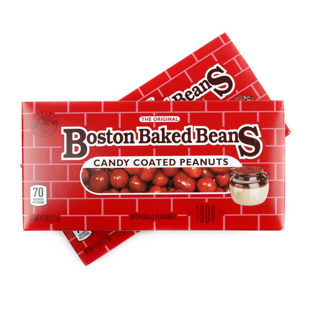 12-pack Boston Baked Beans theater boxes, classic reddish-brown candy-coated peanuts, 4.3oz each box.