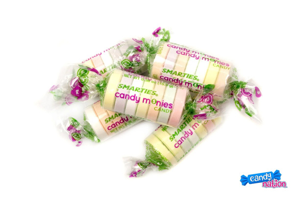 Smarties Candy Money, sweet and sour, many colorful large discs with money designs, bulk 40lb.