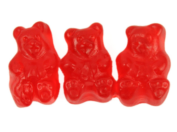 Wild Cherry Gummy Bears, vibrant red, 1-inch long. A 4/5lb case of mouthwatering bulk cherry candy.