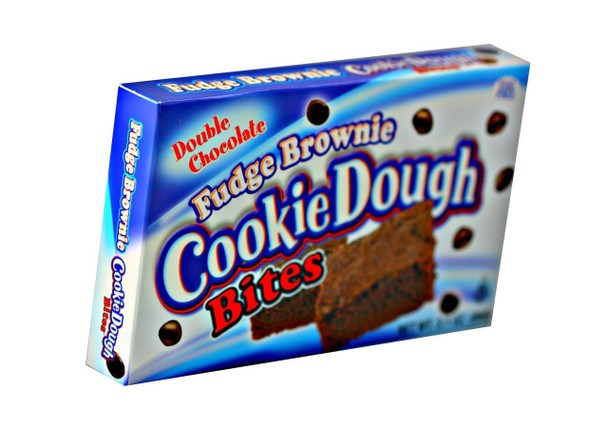 12 count boxes of Cookie Dough Bites Fudge Brownie, 3.1oz each. Double chocolate, bite-sized, dark chocolate covered candies.