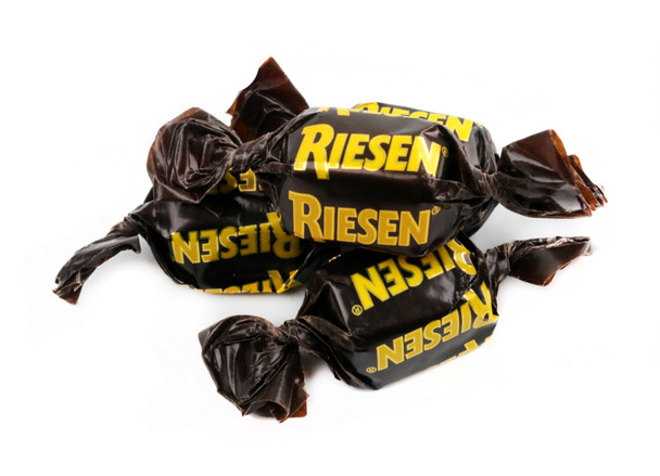 Bulk 12-pack, 5.5oz Riesen German dark chocolate chewy caramels, individually wrapped brown candy pieces.