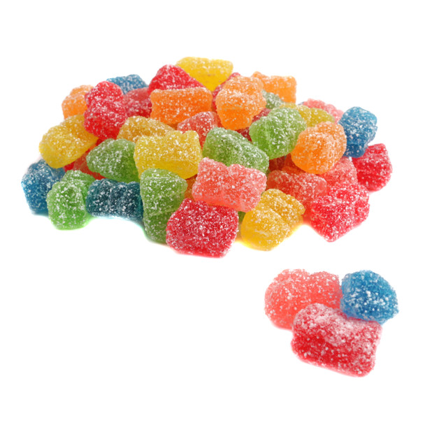 Mini sour gummy bears, approximately 500 per lb, shimmering with sanding sugar, in vibrant red, green, orange, yellow, blue, pink.