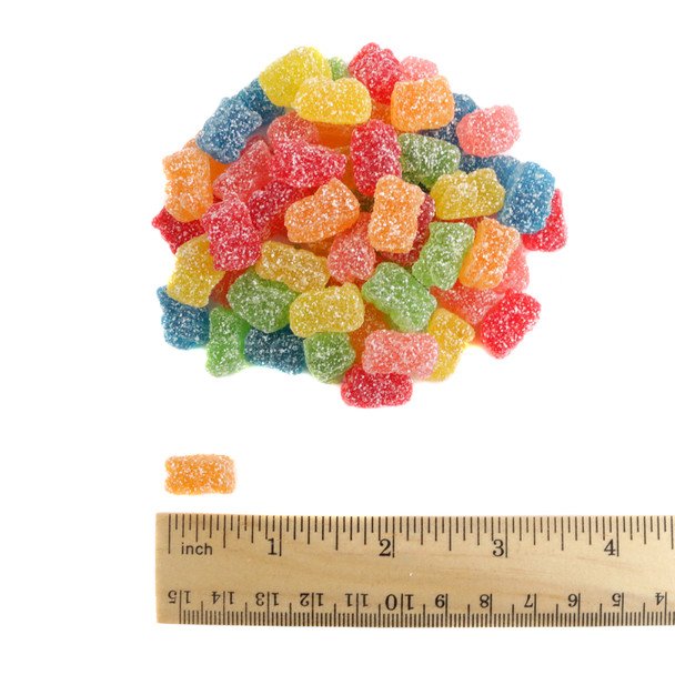 Mini Sour Gummy Bears, extra small, shimmering sugar, vibrant rainbow of red, green, orange, yellow, blue, pink. Approx 500 per pound.