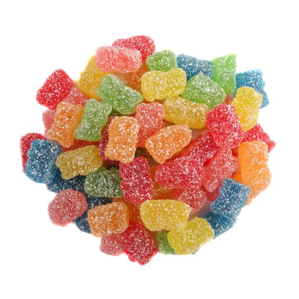 Mini Sour Gummy Bears, extra small, vibrant red, green, orange, pink, yellow, blue, shimmering sanding sugar. Approx 500 per lb.