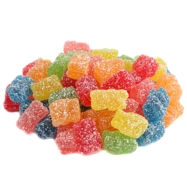 Mini Sour Gummy Bears, multicolored, red, green, orange, yellow, blue, pink, shimmering sugar coating. Approx 500 small gummies.