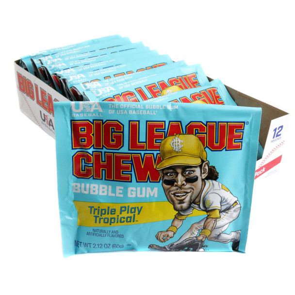 Big League Chew Triple Play Tropical bubble gum in its iconic, vibrant, colorful pouch. Delicious tropical flavor gum.