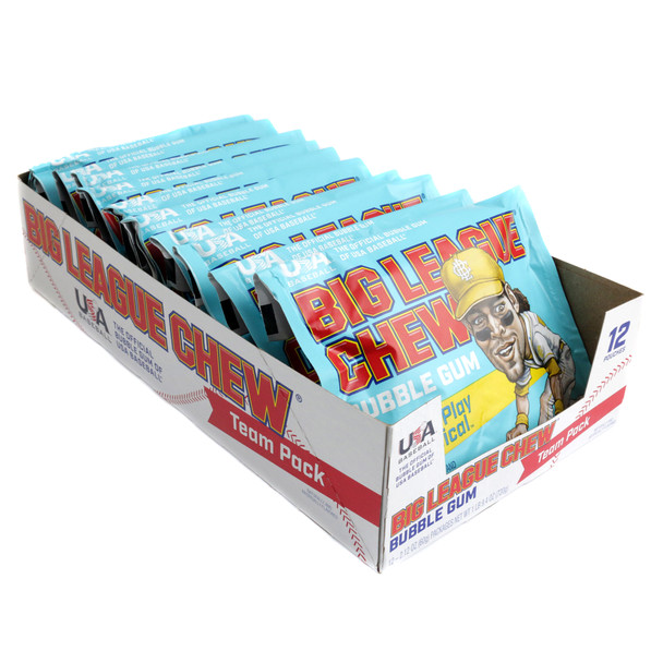 Big League Chew Triple Play Tropical gum, iconic bright multi-colored pouch, soft texture, delicious tropical fruit flavor.