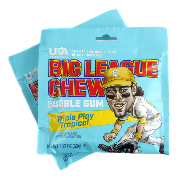 Big League Chew Triple Play Tropical bubble gum, iconic colorful pouch, vibrant tropical flavor.