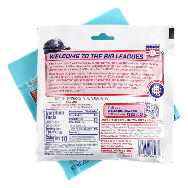 Big League Chew Triple Play Tropical gum, iconic pouch with vibrant tropical colors.