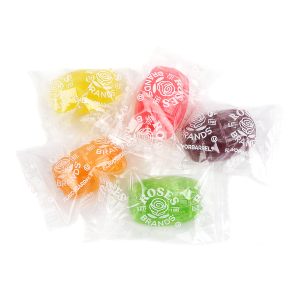 Colorful assorted hard candy barrels. Sweet fruity cherry, orange, green apple, and grape flavors.