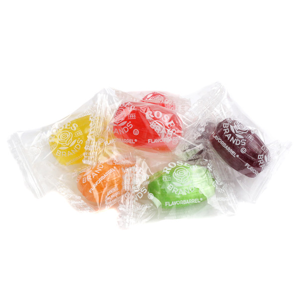 FlavorPops assorted colorful hard candy barrels. Sweet cherry, orange, green apple, grape fruit flavors.