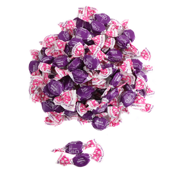 Chips Black Currant sugar-free candies, dark purple, approx. 340 per lb, Italian, gluten-free, vegan pastilles.