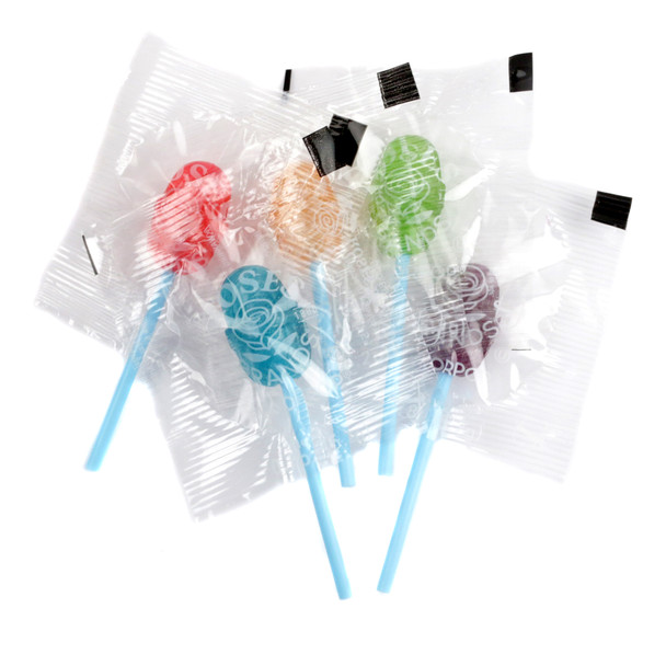 Colorful FlavorPops lollipops, cherry, blue raspberry, orange, green apple, grape. Approx 87 assorted fruit lollipops.