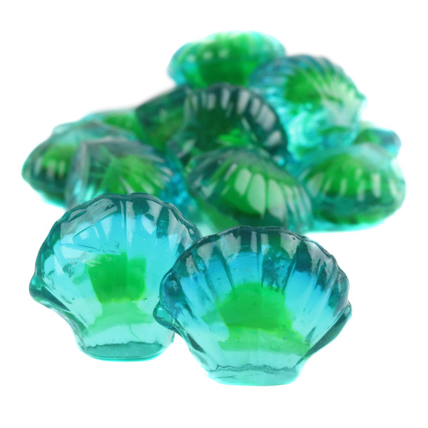 Chewy blue 3D Gummy Seashells, raspberry jelly-filled, approx. 90 pieces per pound.