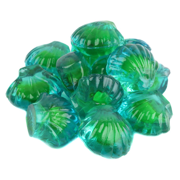 Blue 3D gummy seashells, intricate shapes, raspberry jelly-filled centers, approx 90 per pound.