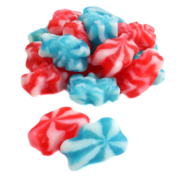 Albanese Peace Gummy Bears, red, white, blue, cherry, lemon lime, blue raspberry, patriotic, USA made.