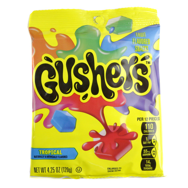 Gushers Tropical 4.25oz bag, chewy fruit snacks, bold rainbow colors, juicy liquid-filled centers.