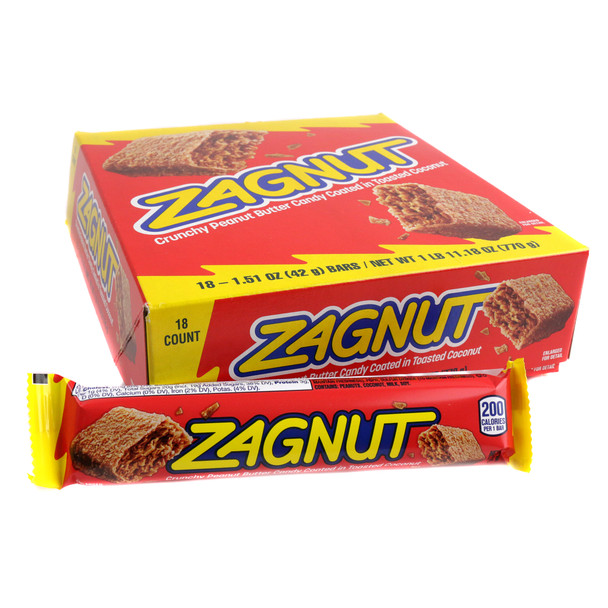 Image of Zag Nut candy bar in front of a box of 18 bars