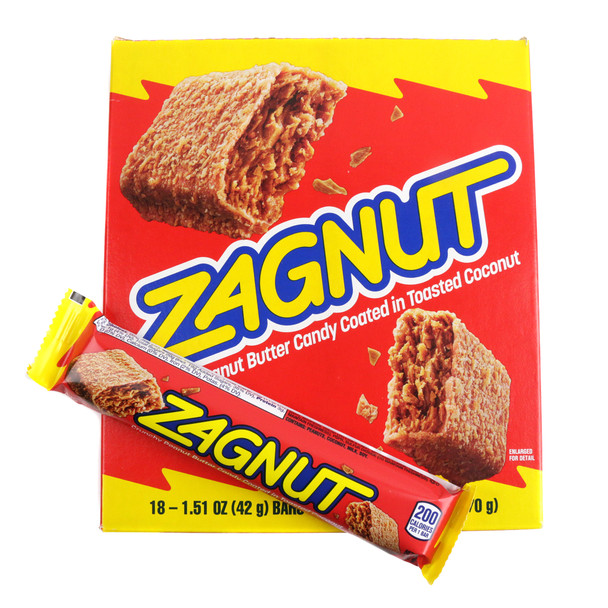 Image of Zag Nut candy bar in foregound with box in background