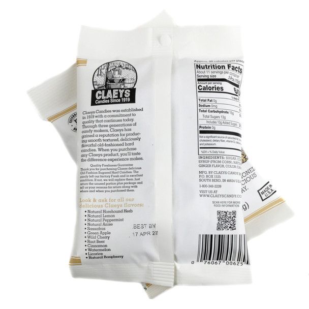 Claeys Old Fashioned Ginger Hard Candy drops, sugar-sanded, yellowish-brown, in a 6oz bag.