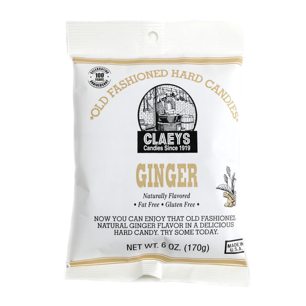 Claeys Ginger Hard Candy drops, 6oz bag. Golden brown, sugar-sanded, natural ginger flavor. Classic, USA made.