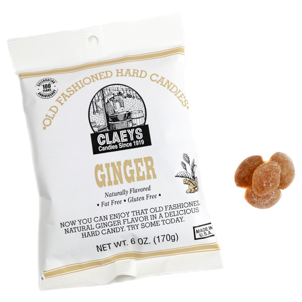 Claeys Ginger Hard Candy Drops, 6oz bag. Sugar-sanded, yellowish-brown, ginger-flavored pieces.