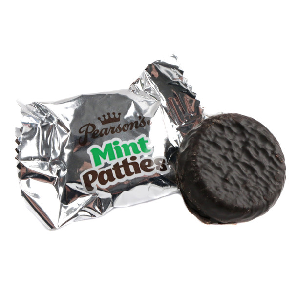 Pearson Peppermint Patties 25 LB bulk box, dark chocolate-covered, refreshing white peppermint interior candy.