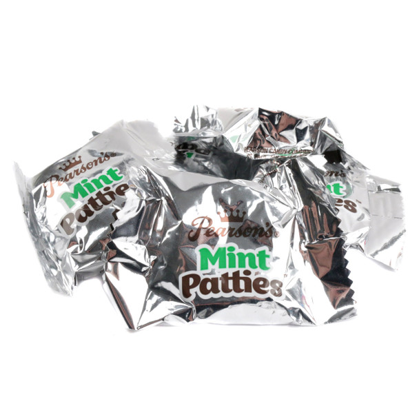 25 LB box of Pearson Peppermint Patties, dark chocolate-covered with white peppermint centers. Cool, minty taste.