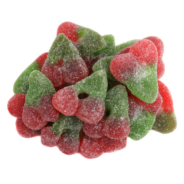 Vibrant red sour gummy twin cherries with stems, sweet inside, sour outside, 70 per pound, 20LB case.