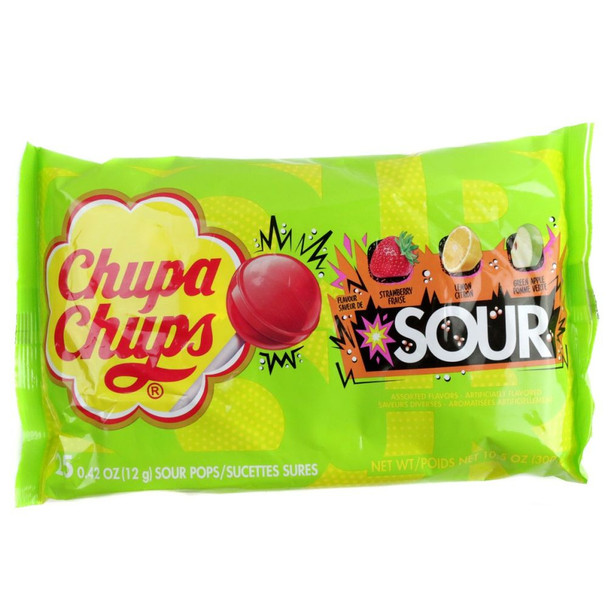 Chupa Chups Sour Pops, 12 count, 25 assorted red, yellow, green sour lollipops.