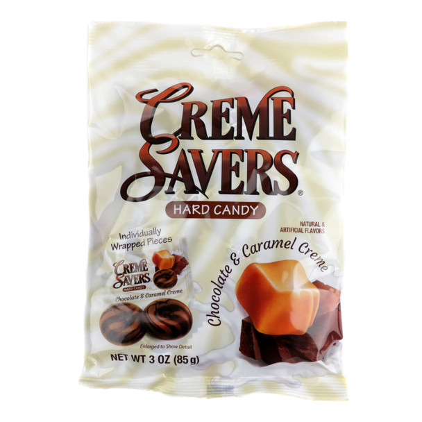 3oz bag of Creme Savers Hard Candy, approx 21 chocolate & caramel creme swirled brown and cream pieces.