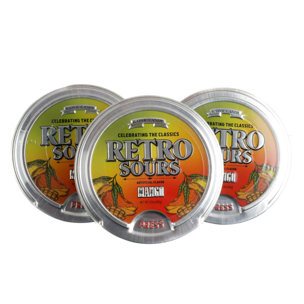 Eight pack Iconic Retro Sours Mango hard candies. Bright yellow-orange tropical sour mango candy in retro-themed tins.