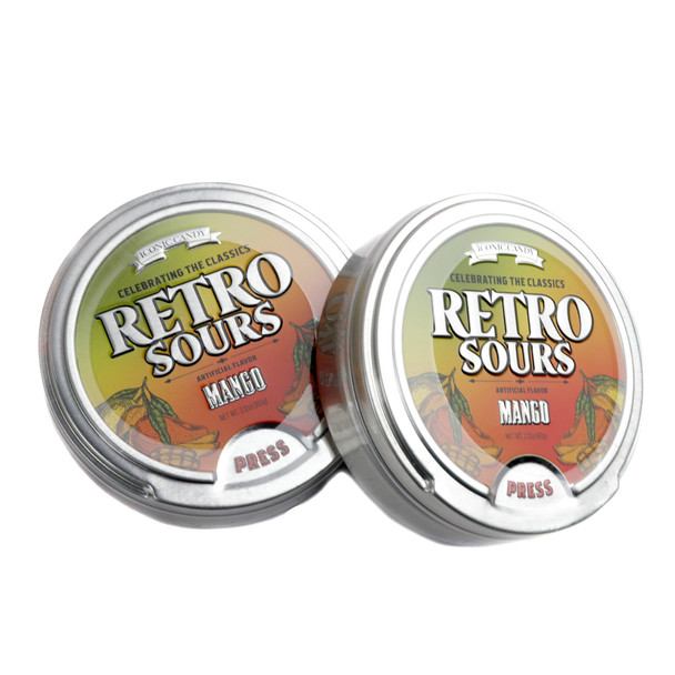 Iconic Retro Sours Mango 8-pack. Bright yellow-orange tins of hard sour mango candy.