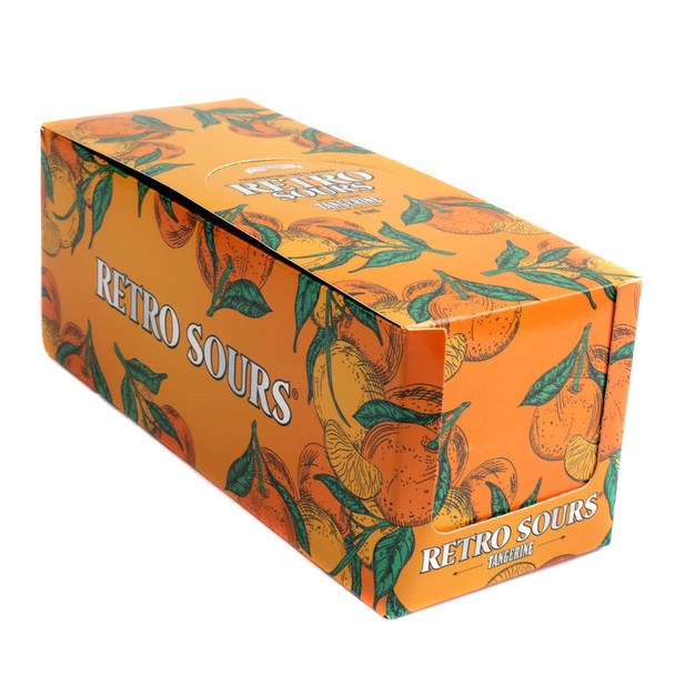 Bright orange Iconic Retro Sours Tangerine hard candies, 8 tins, puckering sour citrus flavor.