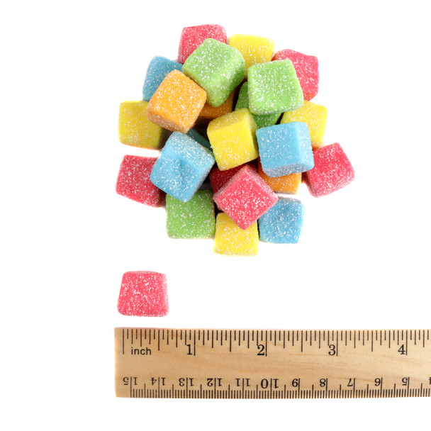 Vibrant, chewy sour gummy cubes, coated in tangy sugar. Red, green, orange, blue, yellow fruit flavors. Assorted candy.