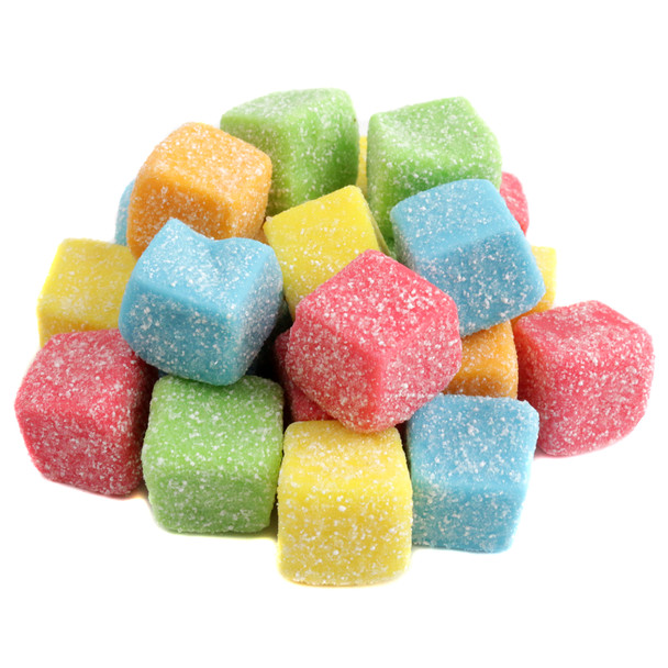 Rainbow Sour Gummy Cubes with tangy sugar coating, soft and chewy fruity candy.