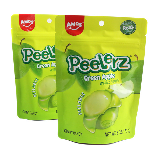 Peelerz Green Apple peelable gummy candy, 6oz bag with approx. 30 vibrant green pieces.