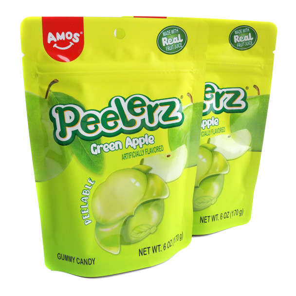 Vibrant green Peelerz Green Apple Gummy Candy, 6oz bag. Approx 30 soft, chewy, peelable tangy apple pieces.