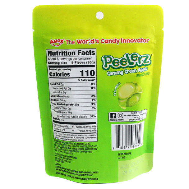 Peelerz Green Apple gummy candy, 6oz bag. Approx 30 vibrant green peelable pieces, soft chewy texture.