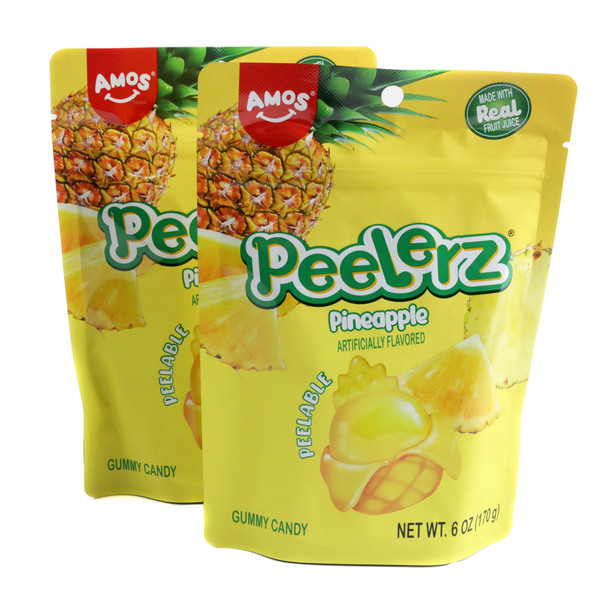Peelerz Pineapple Candy 6oz bag, approx 30 vibrant yellow gummy pieces with soft peelable layers.