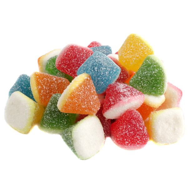 Vibrant pyramid-shaped sour gummy candies, soft and chewy, in assorted bright fruit colors with a tangy sugar coating.