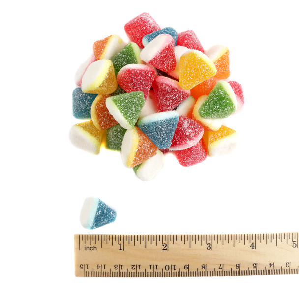 Assorted bright rainbow Sour Gummy Pyramids, vividly colored and coated in sparkling sugar crystals.