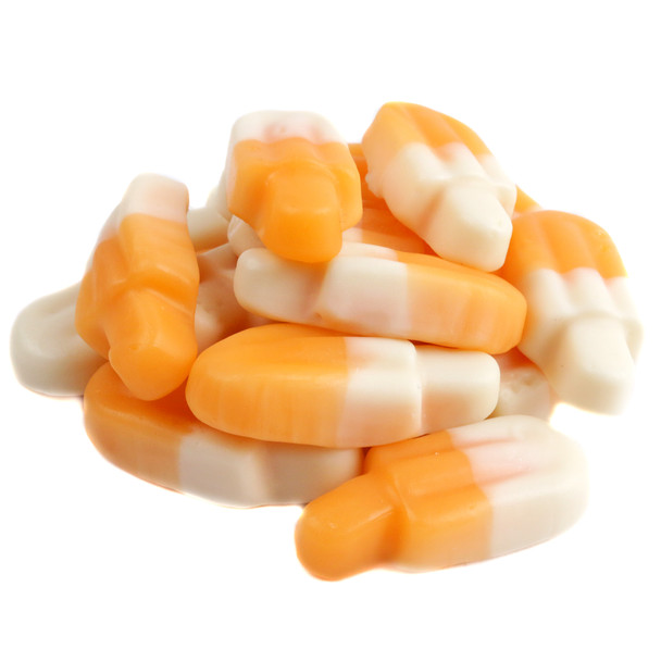 Orange and white two-tone gummy mini popsicles, soft, chewy, with creamy orange vanilla flavor.