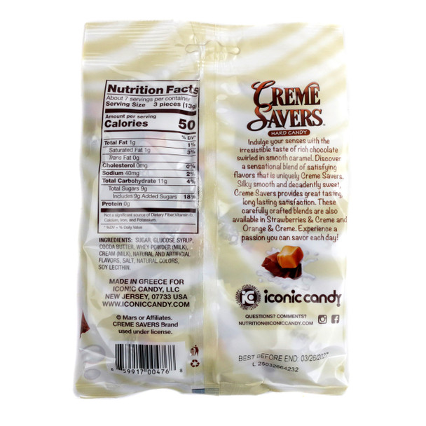 Creme Savers Hard Candy, 12 pack 3oz bags. Swirled brown chocolate caramel creme pieces, approx 21 per bag.