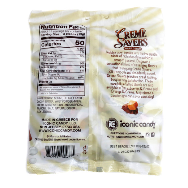 12x 6.25oz bags of Creme Savers hard candy, chocolate & caramel creme swirls. Approx 42 brown & tan wrapped pieces per bag.